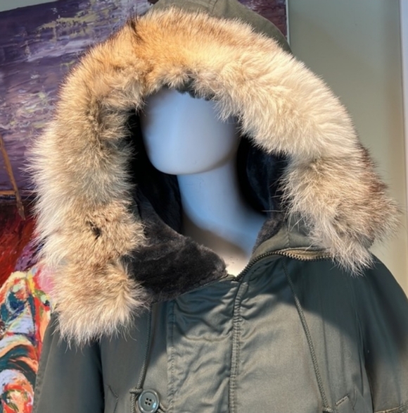 Vintage Green Military Flight Hooded Parka with Real Fur Hood Trim M - Picture 7 of 13